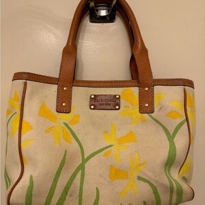 Floral Canvas Tote Bag with Brown Leather Accents